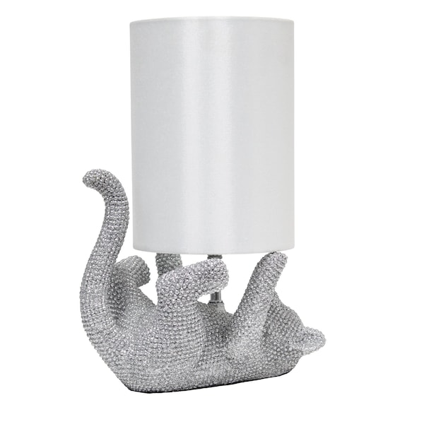 12.6 Diamond Studded Rhinestone Look Kitty Cat Table Lamp With Faux Silk Fabric Shade, Silver